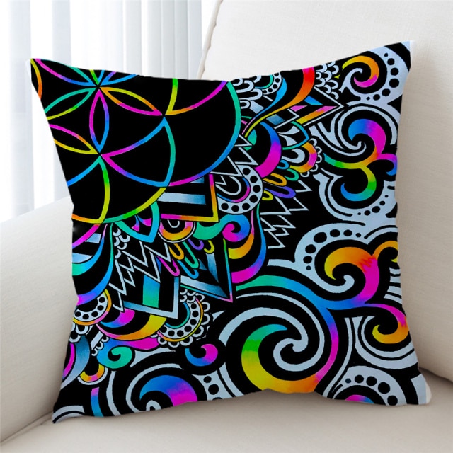 Rainbow Flower of Life Throw Pillow Cover