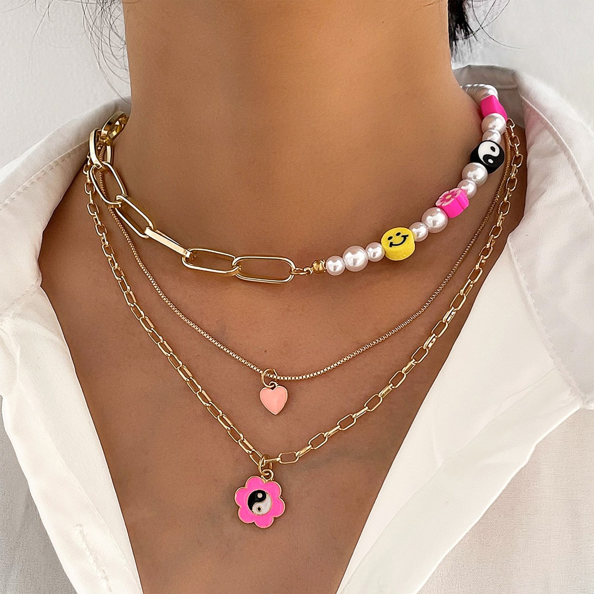 Floral Yin Yang Multilayer Necklace Set Pink