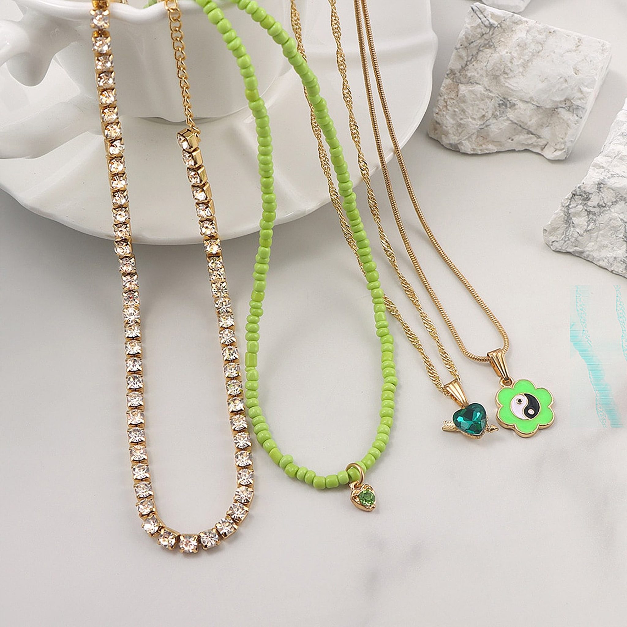 Floral Yin Yang Multilayer Necklace Set Green