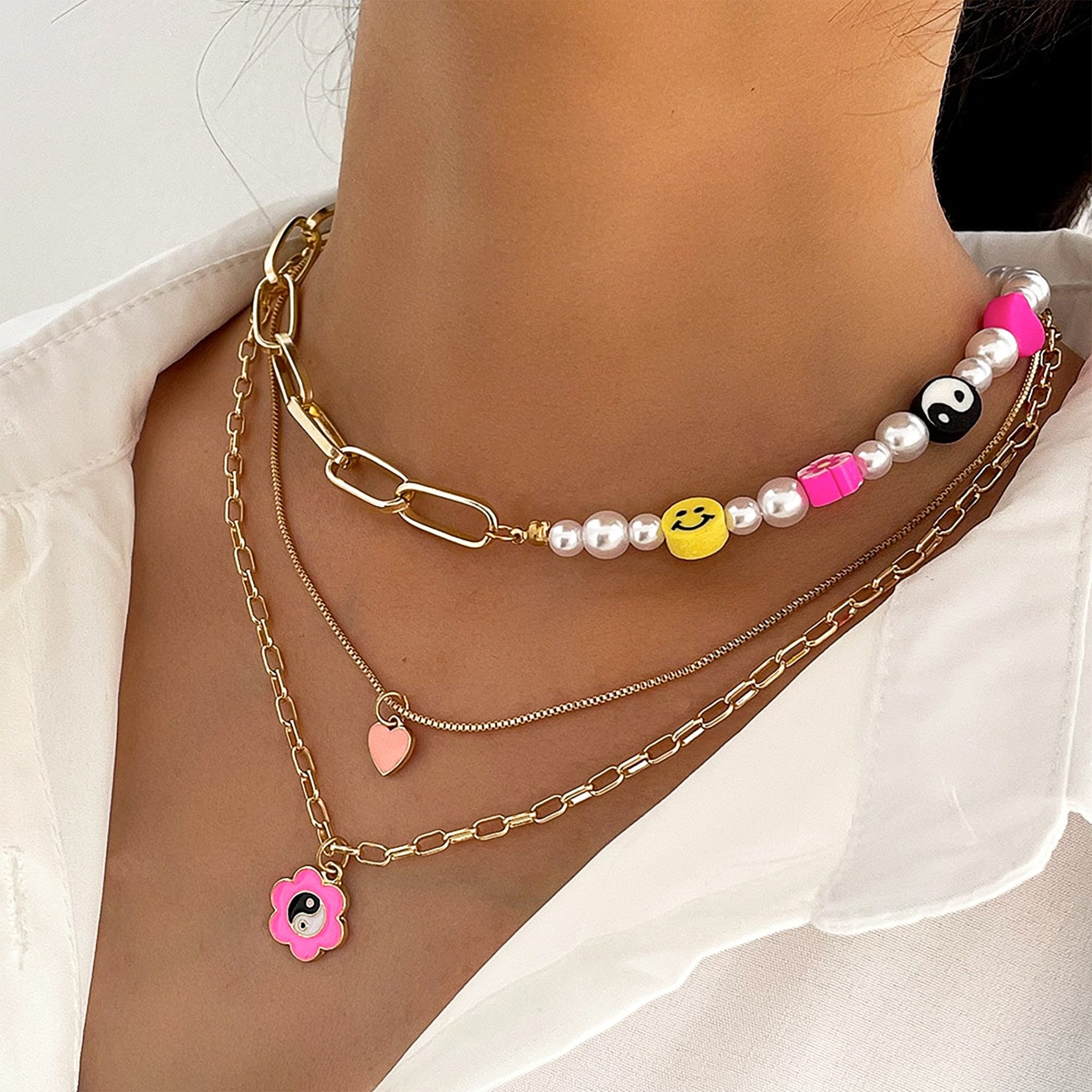 Floral Yin Yang Multilayer Necklace Set Pink