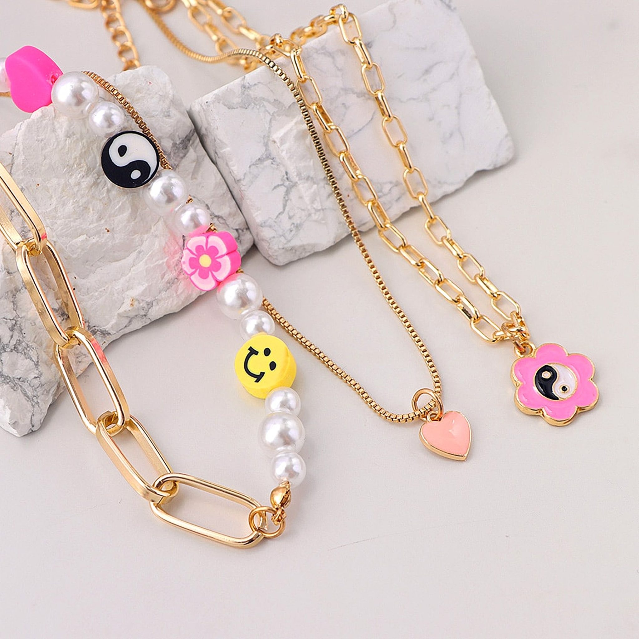 Floral Yin Yang Multilayer Necklace Set Pink