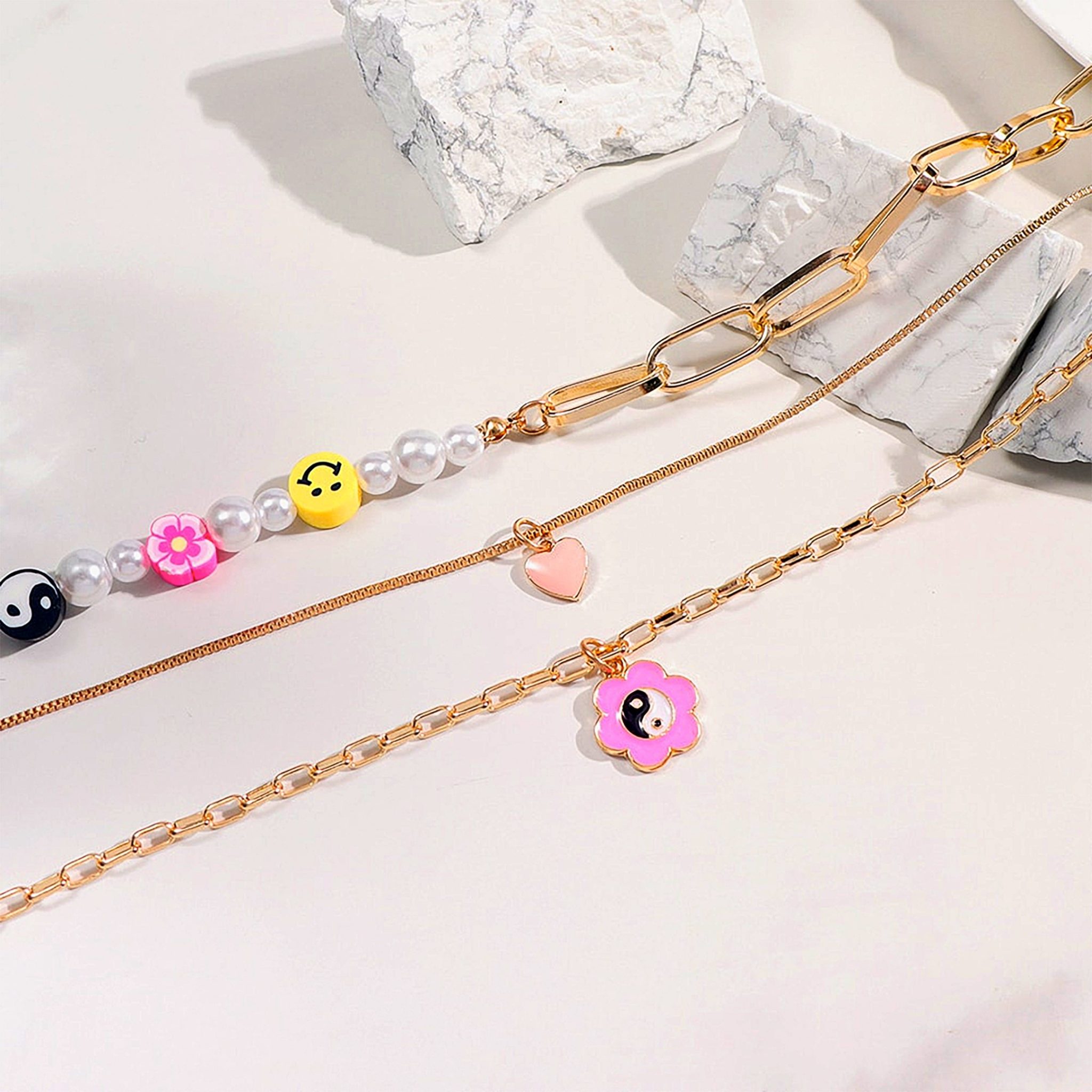 Floral Yin Yang Multilayer Necklace Set Pink