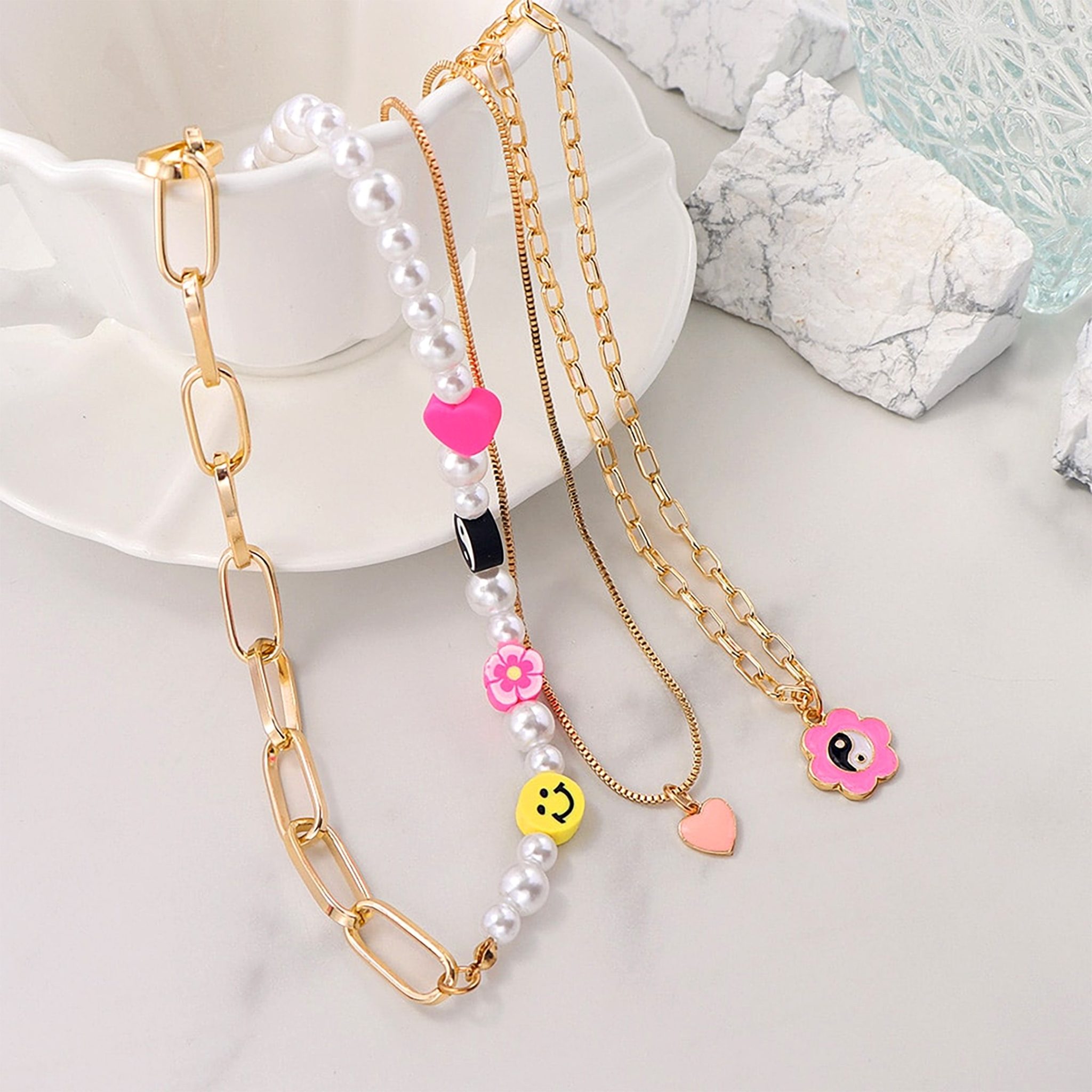 Floral Yin Yang Multilayer Necklace Set Pink