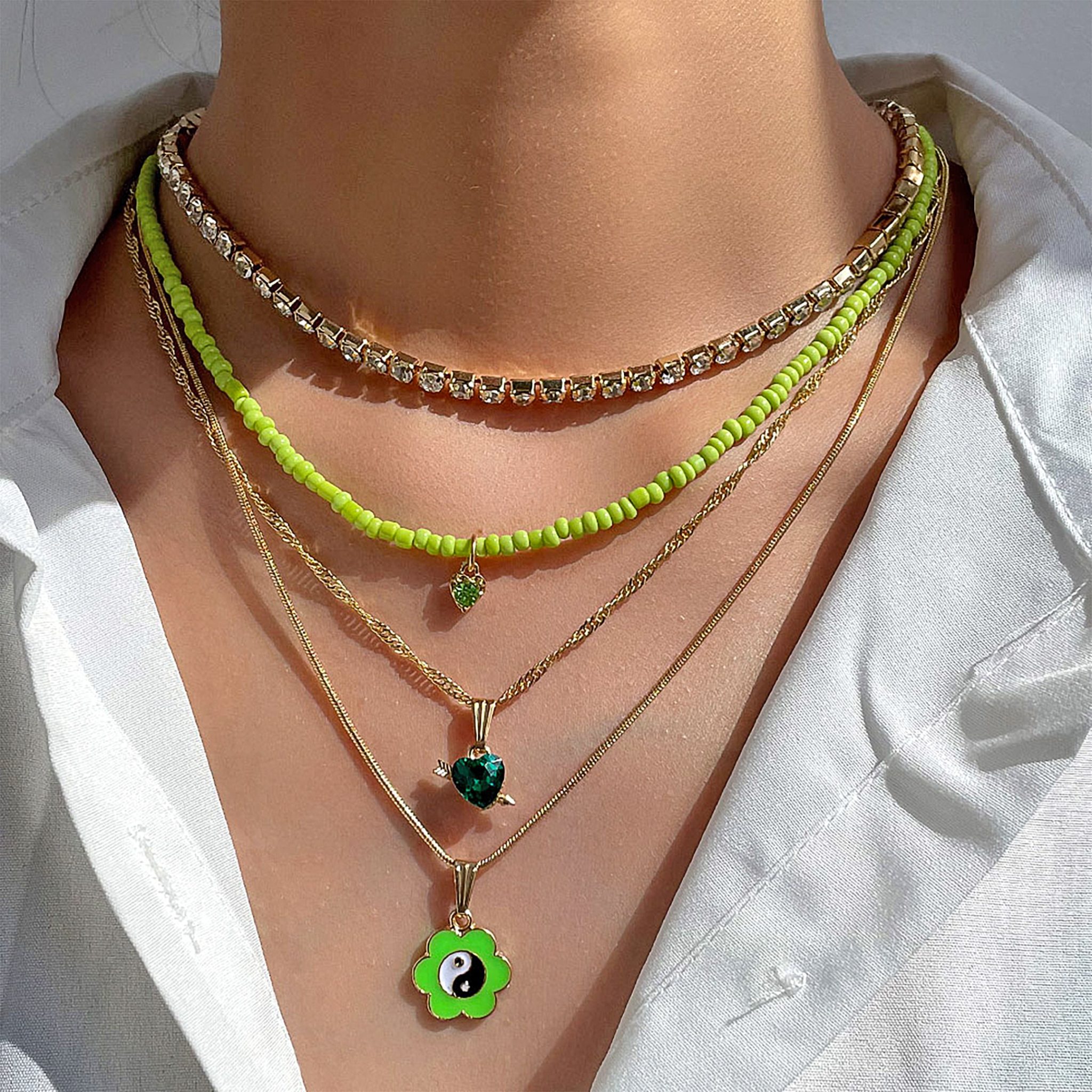 Floral Yin Yang Multilayer Necklace Set Green