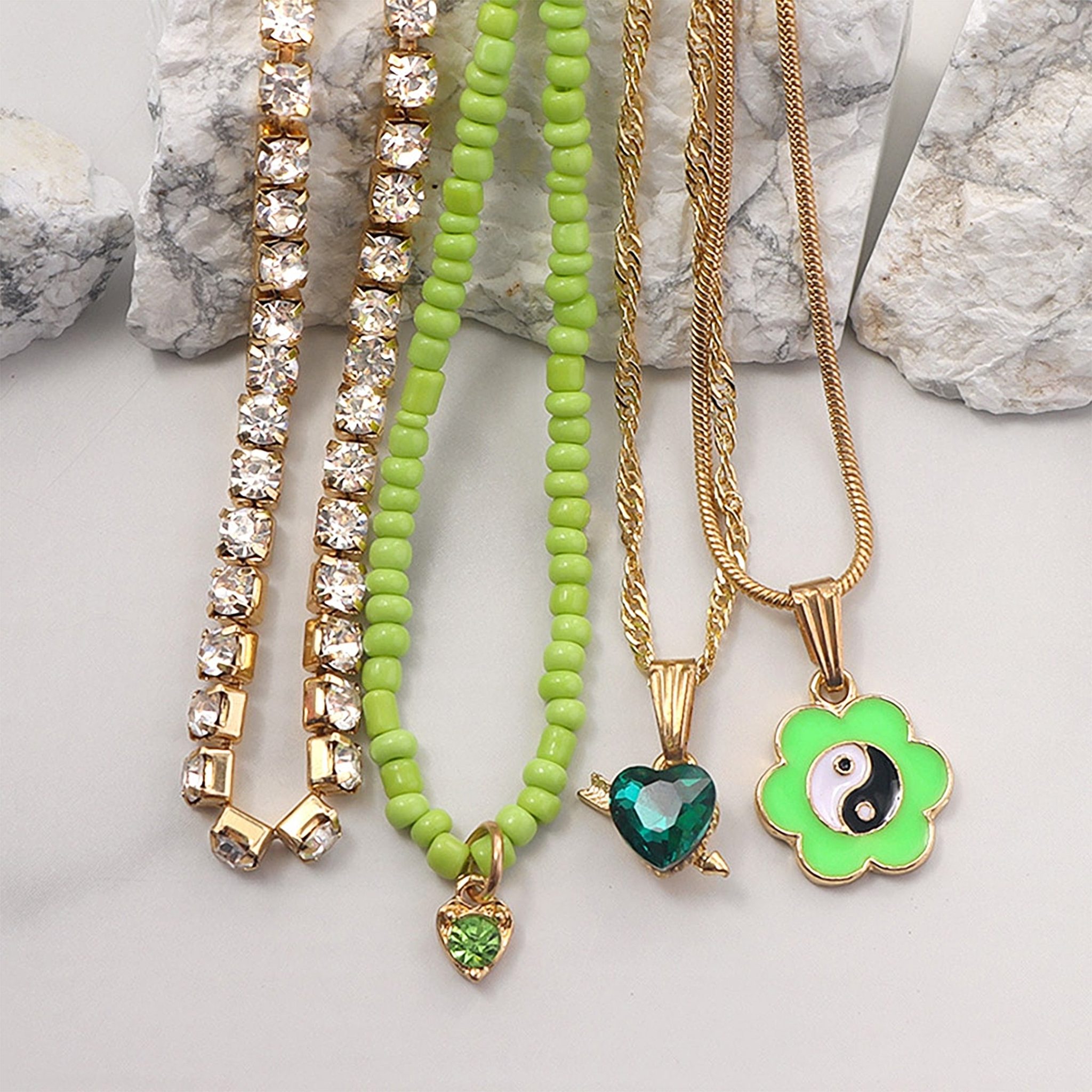 Floral Yin Yang Multilayer Necklace Set Green