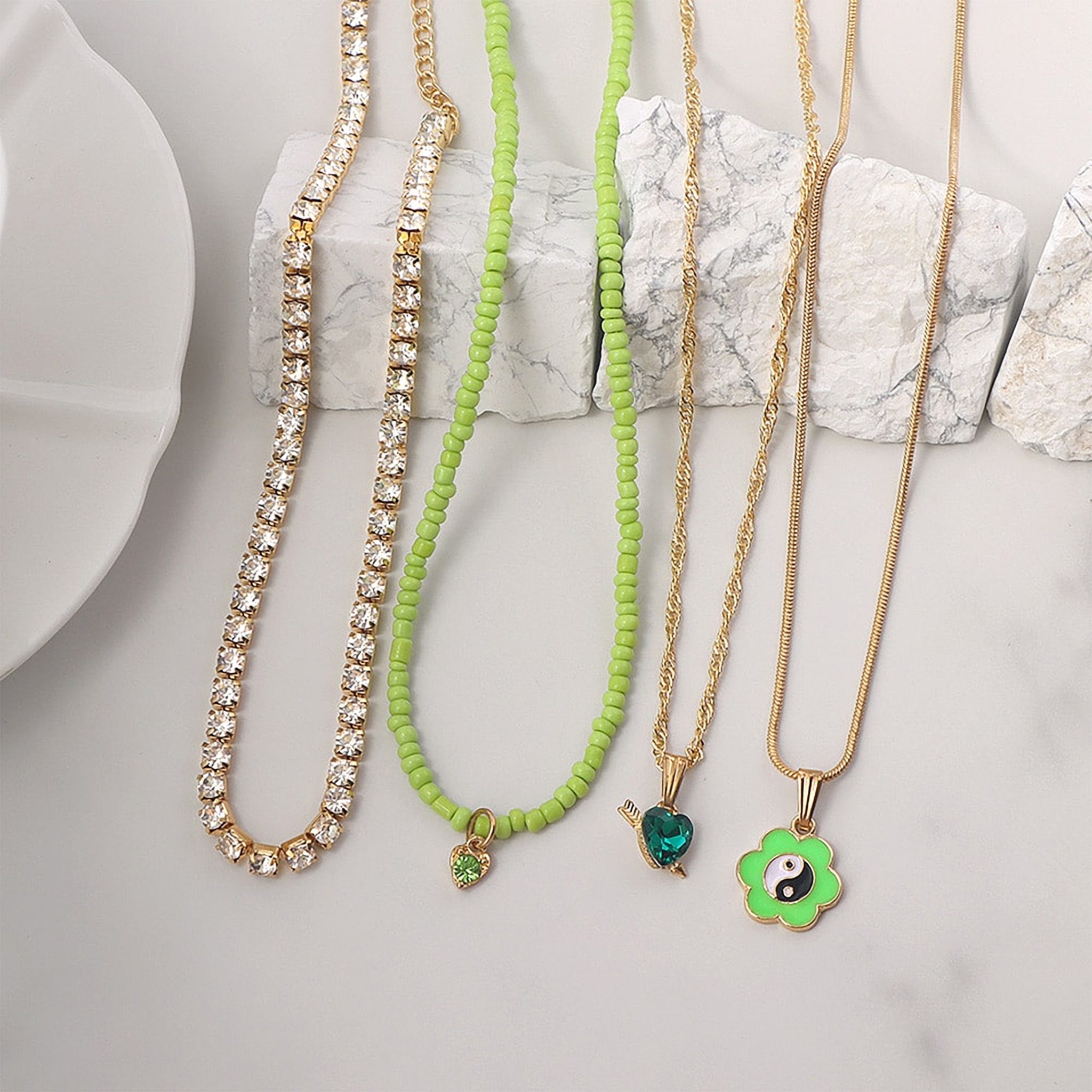 Floral Yin Yang Multilayer Necklace Set Green