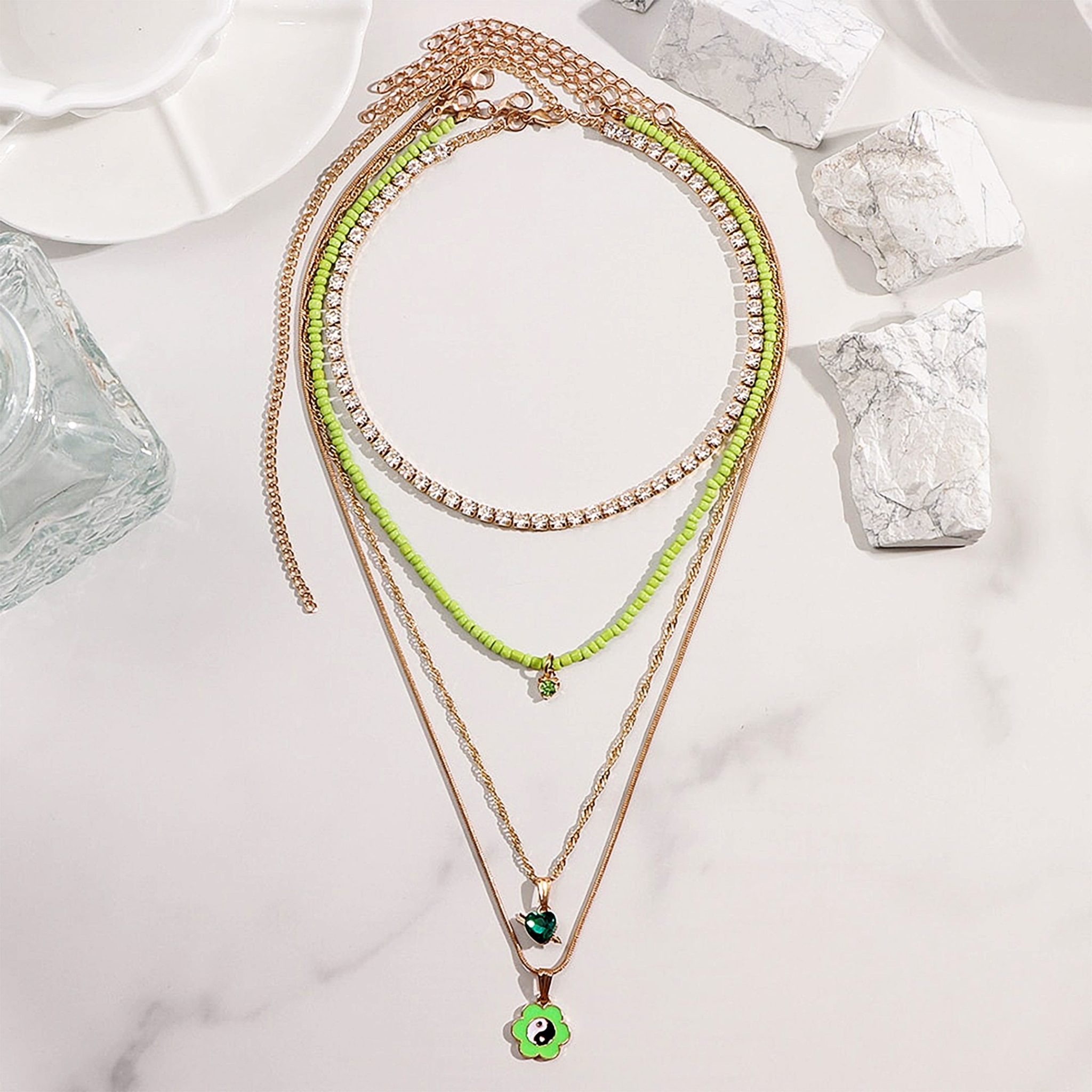 Floral Yin Yang Multilayer Necklace Set Green