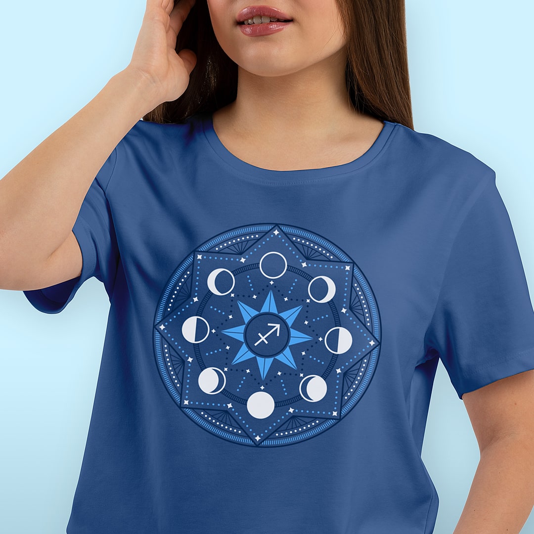 Lunar Phases Mandala Zodiac Graphic Tee - Sagittarius in True Royal