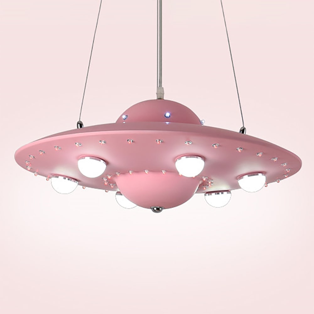 Mid-Century-Modern-UFO-Flying-Saucer-LED-Chandelier-Pendant-Light-Pink-Lit-min