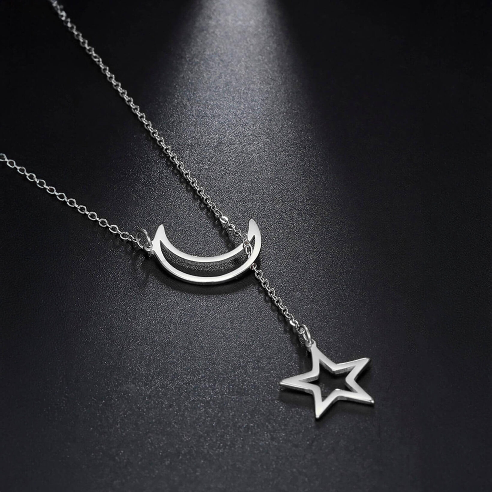 Asymmetrical Silver Moon Star Necklace