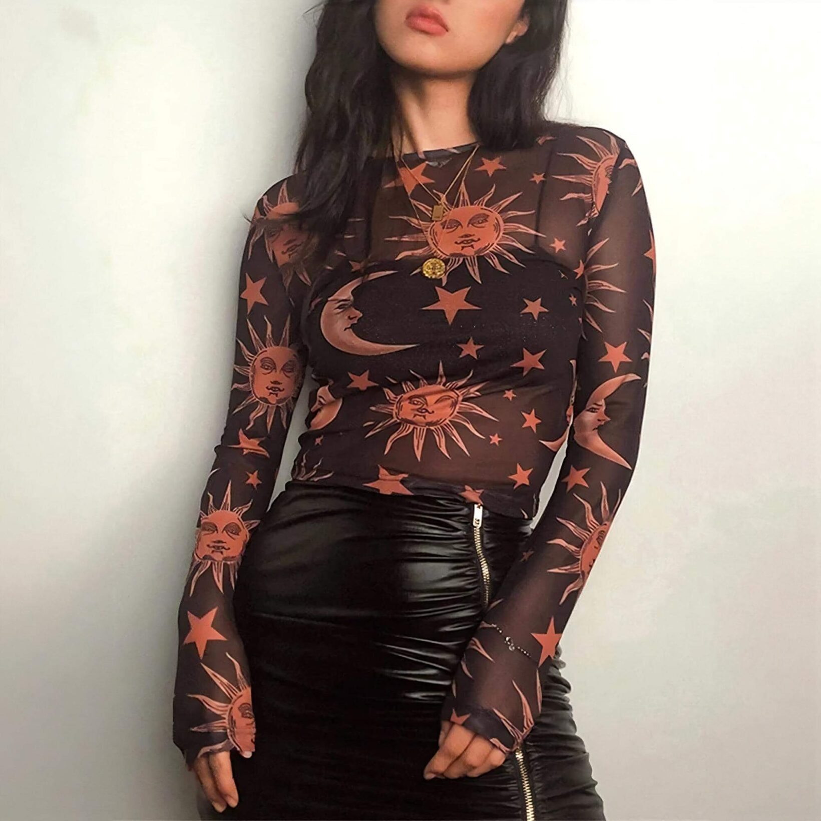 Black Celestial Sun Moon Stars Long Sleeve Mesh Top