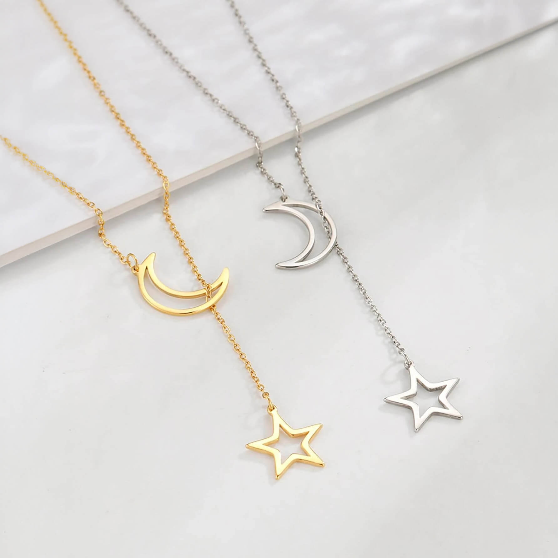 Stellar-Skeleton-Silver-Gold-Asymmetrical-Moon-and-Star-Necklace